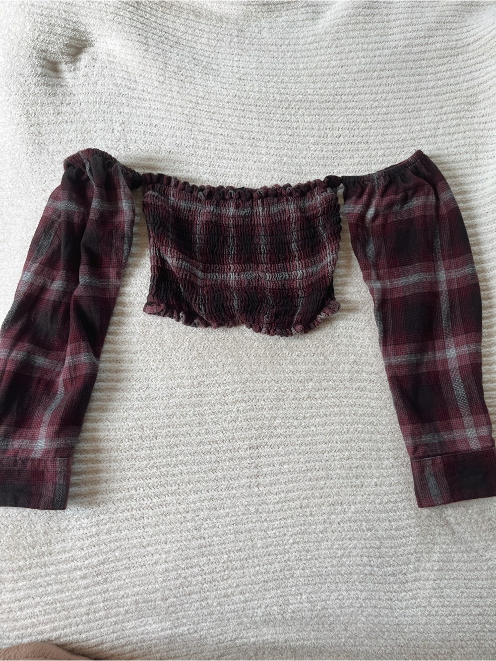 Burgundy Plaid Off-Shoulder Crop Top. Fits small-medium